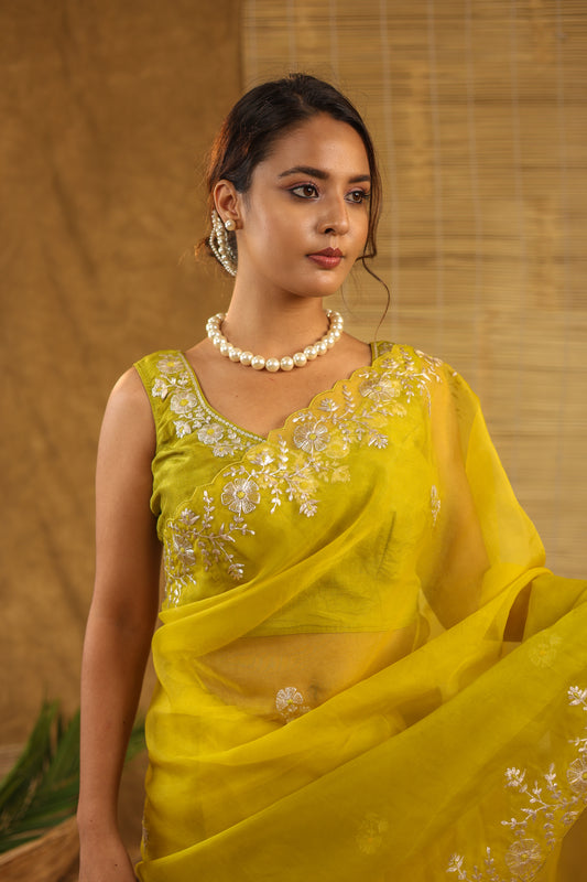 Organza with pittan work in shaded lime yellow