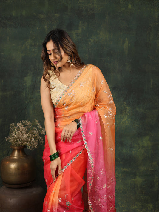 Shaded pink/red organza saree with sequins and zardosi threadwork