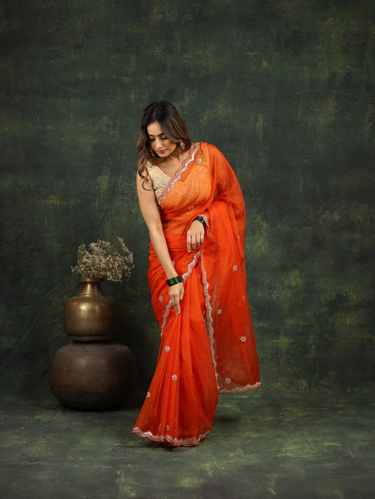 Orange Organza Saree with Gotta and Ari tari work