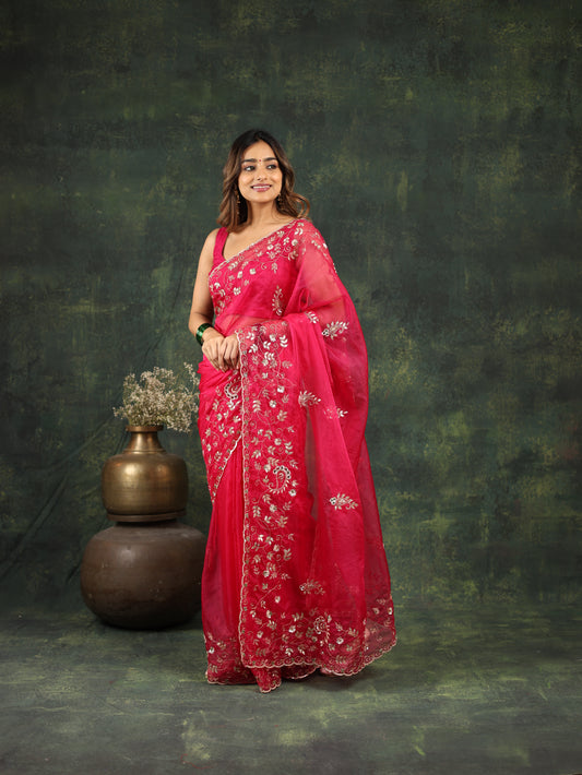 Pink Organza Saree with Gotta and Ari tari work
