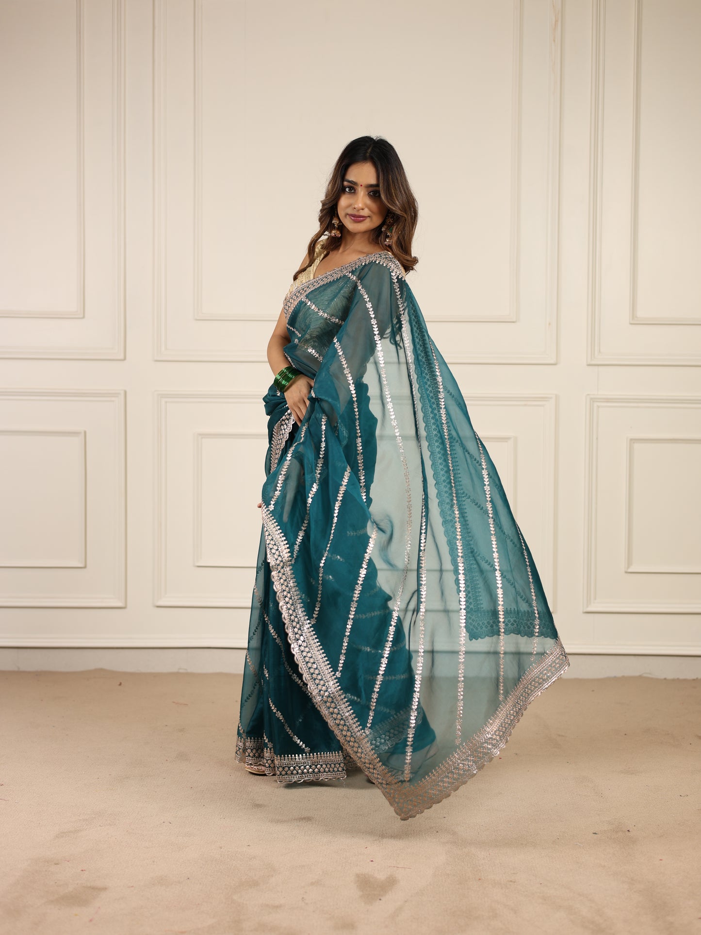 Turquoise Blue Organza with Pittan work