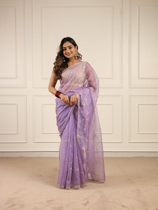Lavender organza saree with sequins and zardosi threadwork