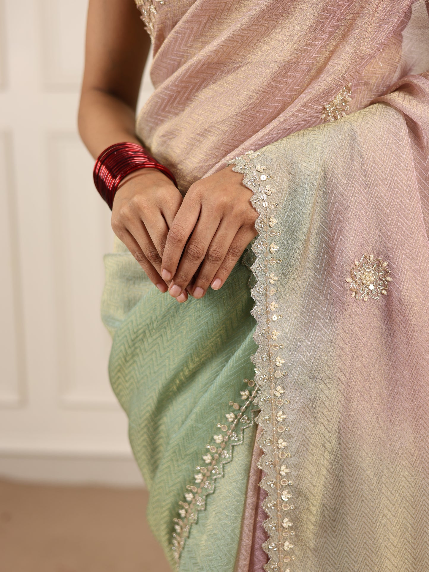 Shaded tissue saree with ari tari work
