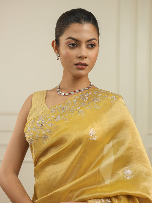 Bright chrome yellow tissue saree with sequins and pittan threadwork