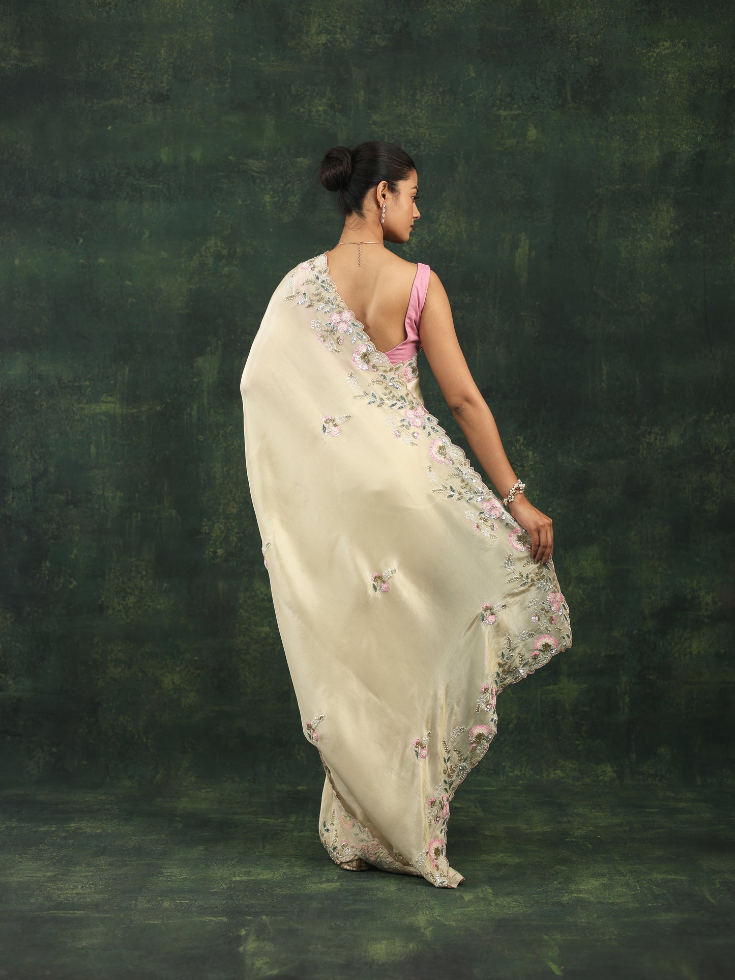 Soft cream satin saree with pink sequins and threadwork