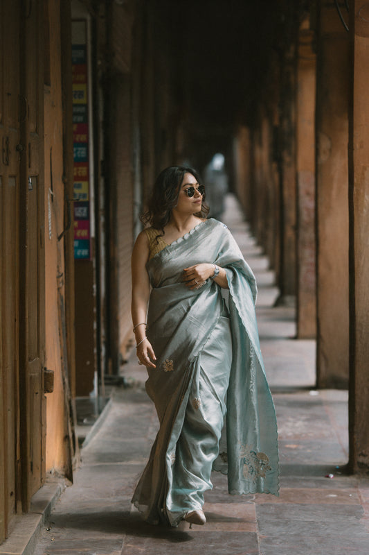 Ocean blue saree with zardosi and sequins threadwork and floral motifs