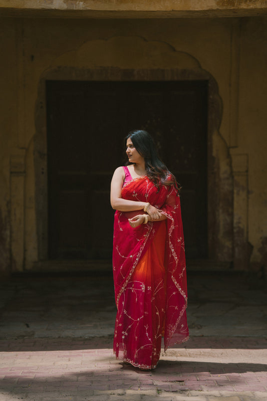Beautiful shaded pink/red organza saree with sequins and zardosi threadwork