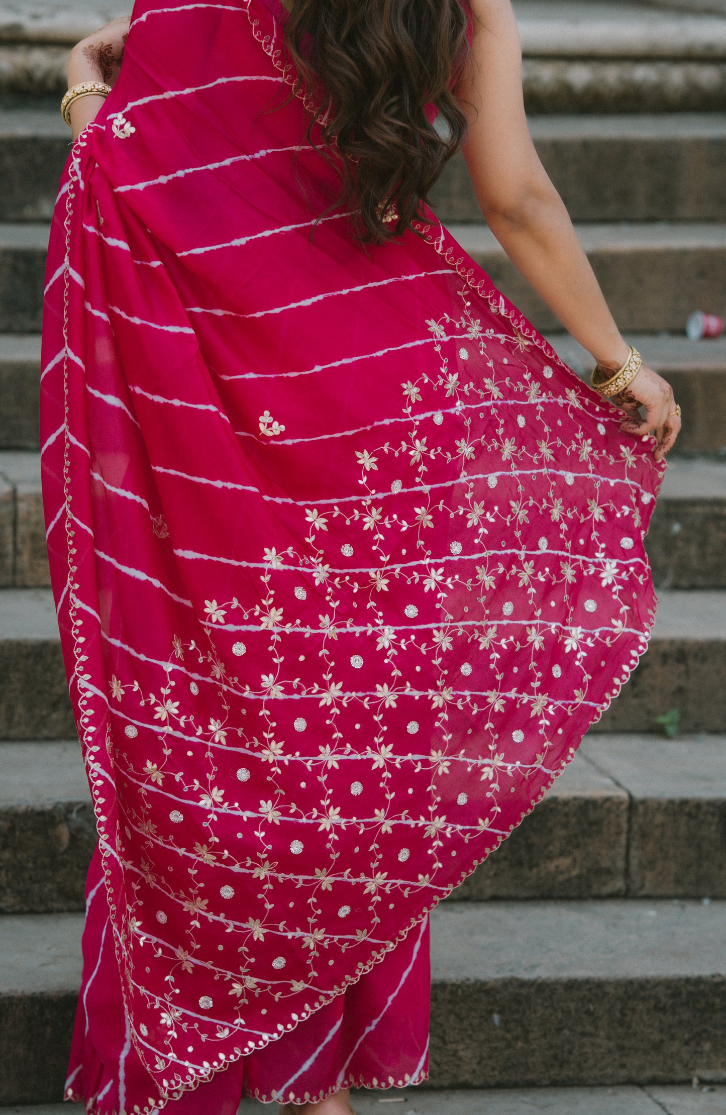 Leheriya dark pink satin Saree with gottapatti work