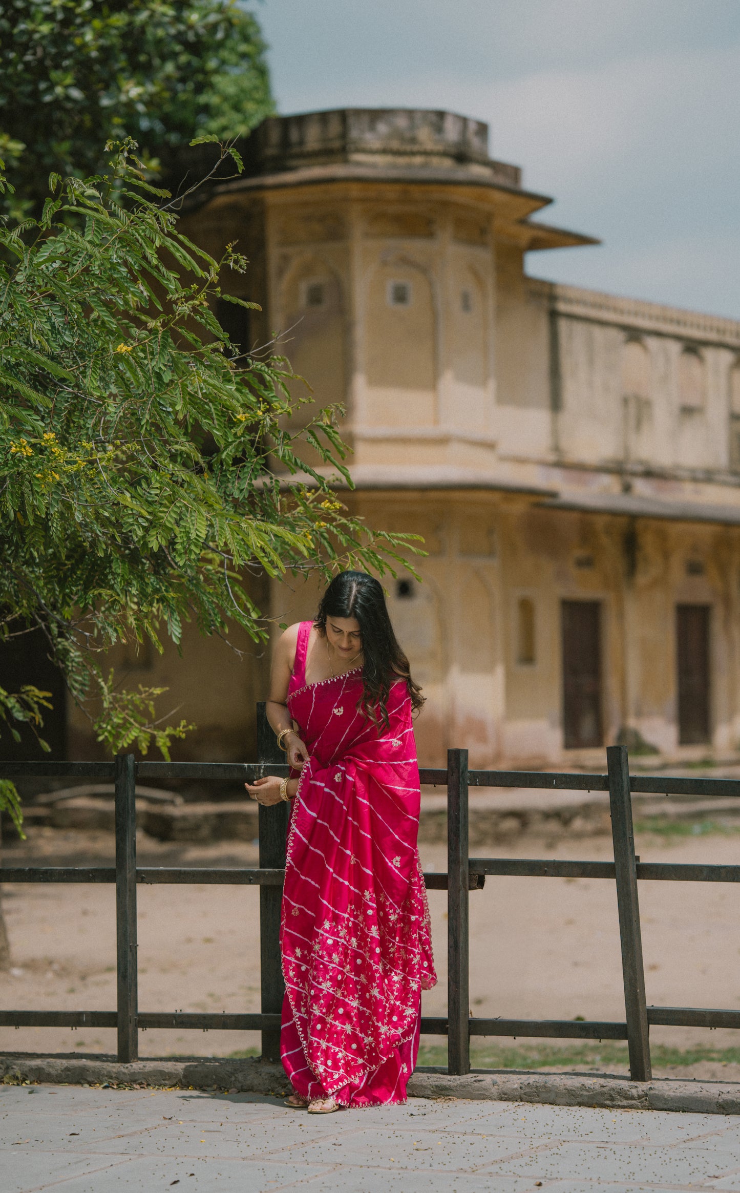 Leheriya dark pink satin Saree with gottapatti work