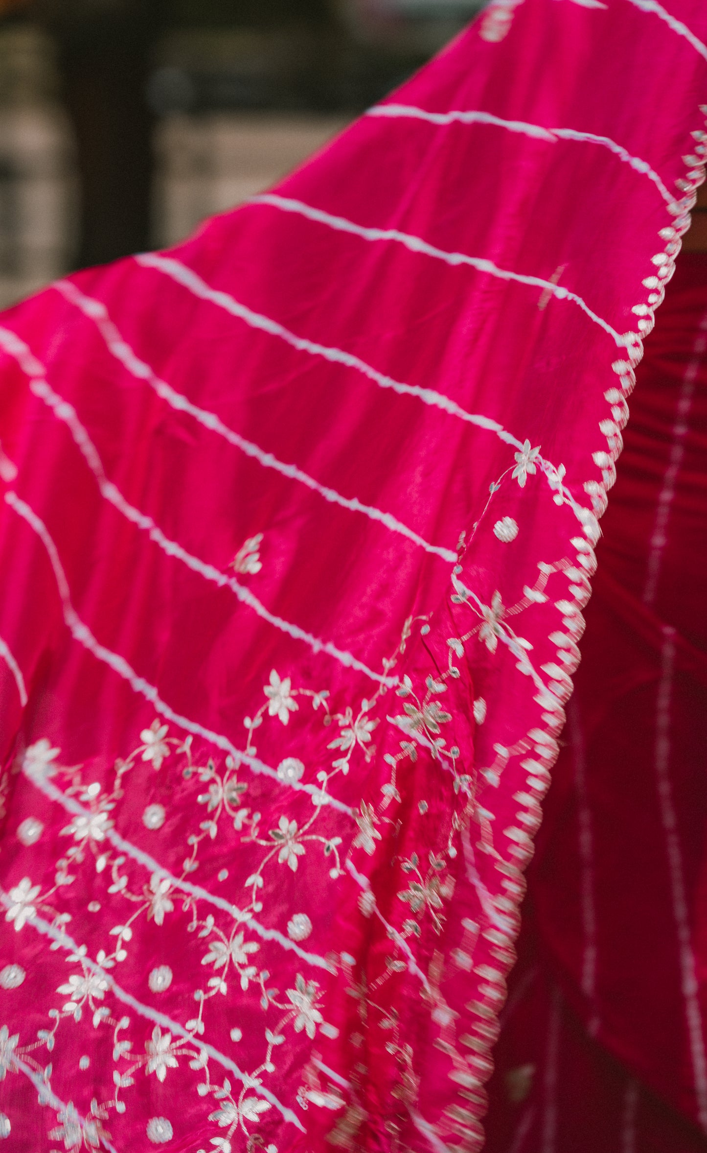 Leheriya dark pink satin Saree with gottapatti work
