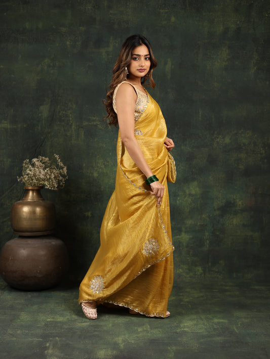 Yellow saree with Sequins and threadwork along with matching blouse