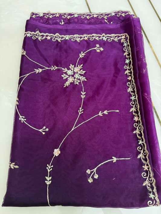 Beautiful purple organza saree with sequins and zardosi threadwork