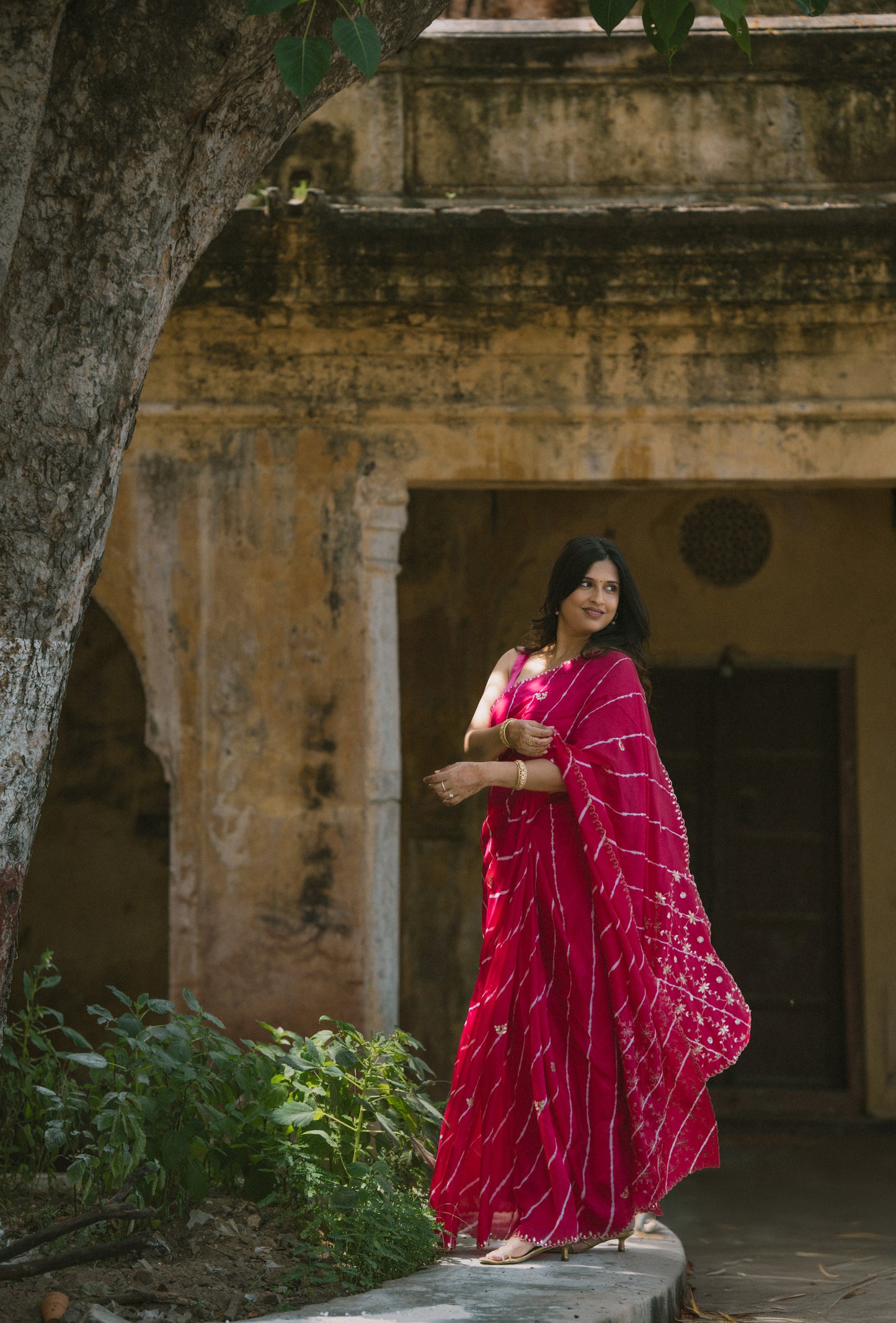 Leheriya dark pink satin Saree with gottapatti work