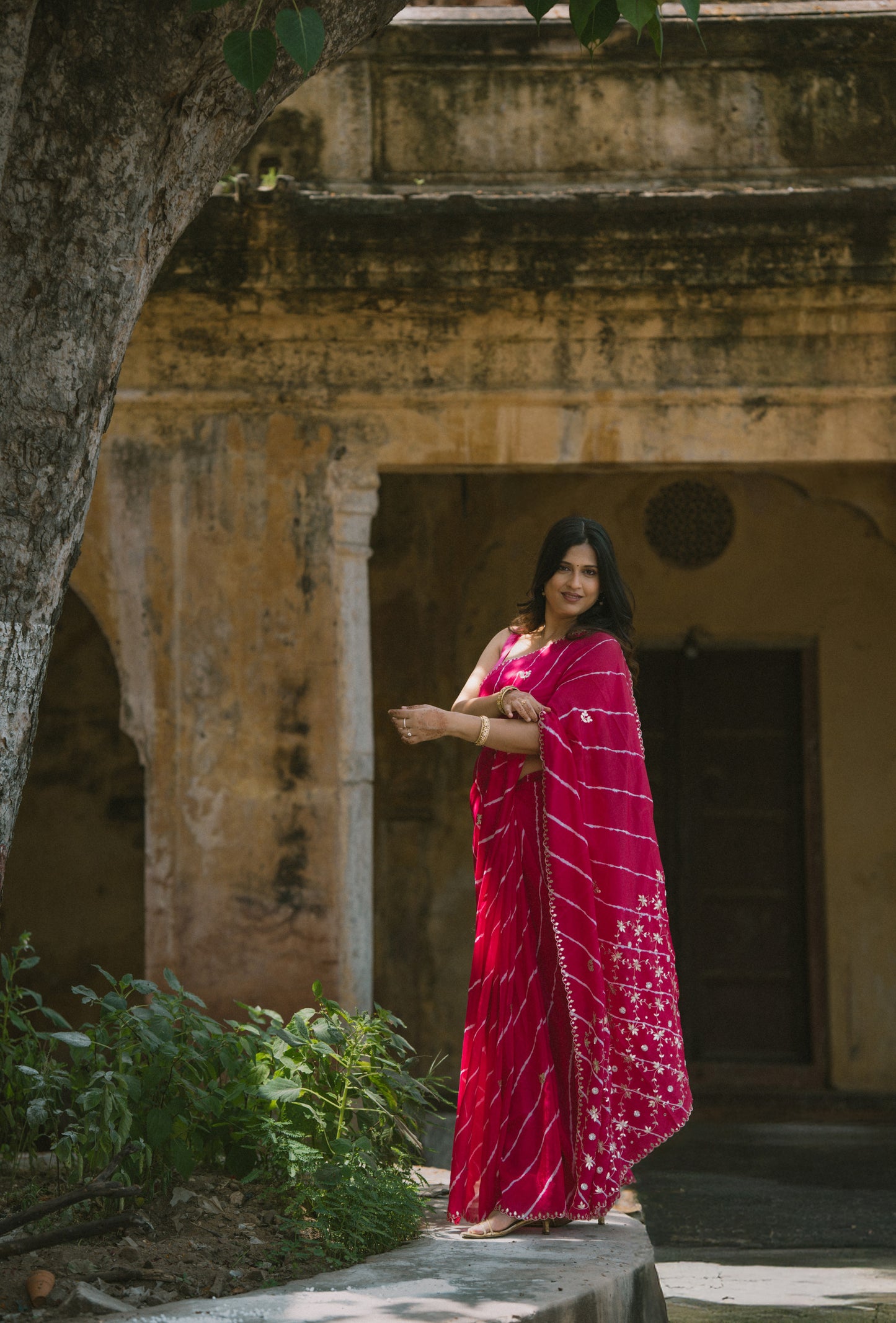 Leheriya dark pink satin Saree with gottapatti work