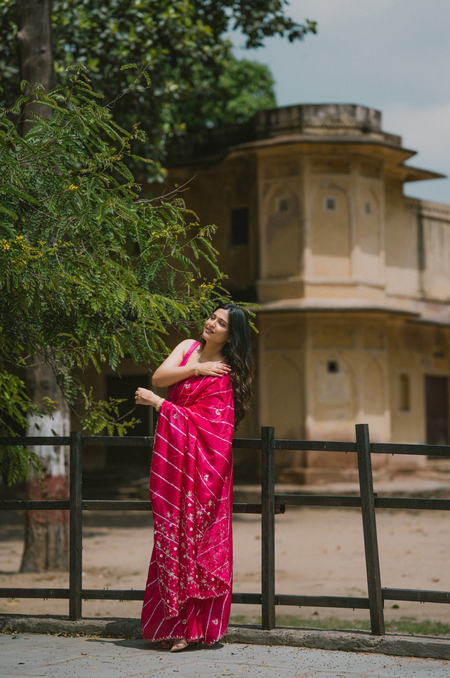 Leheriya dark pink satin Saree with gottapatti work