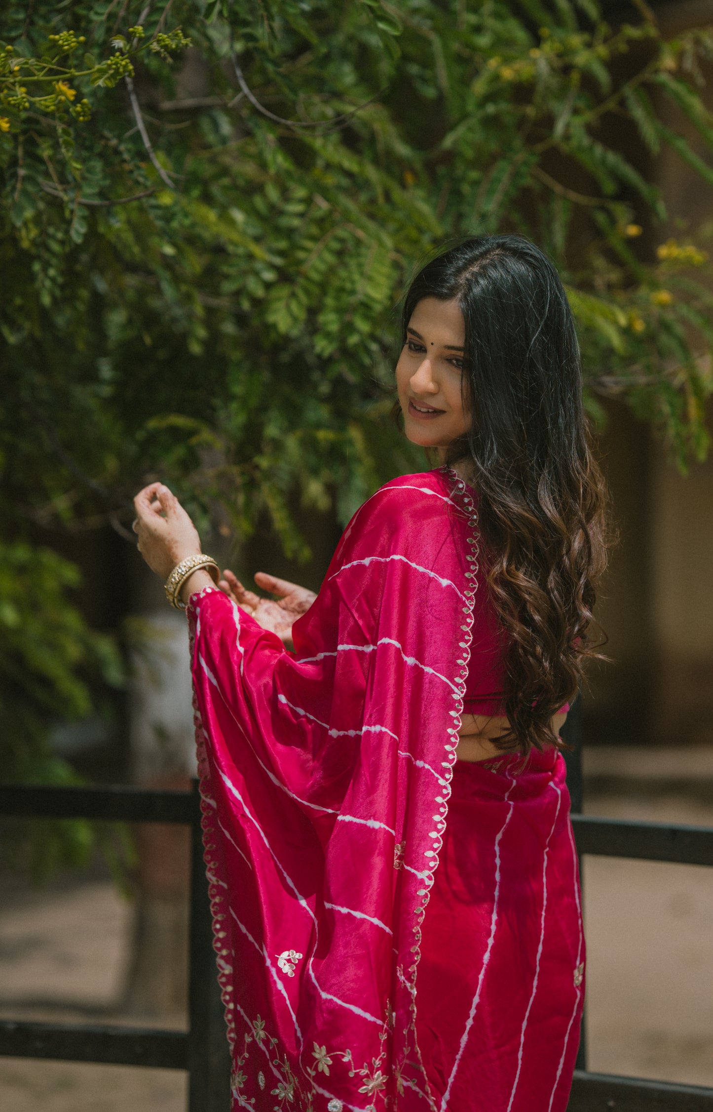 Leheriya dark pink satin Saree with gottapatti work