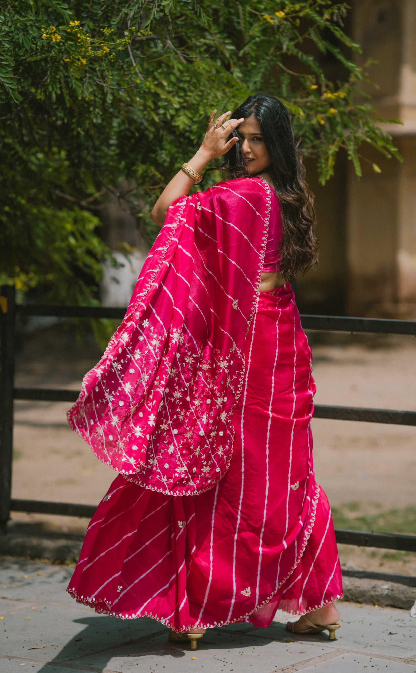 Leheriya dark pink satin Saree with gottapatti work