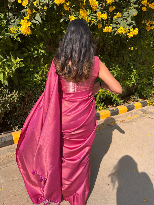 Bright dark pink saree with golden thread self work