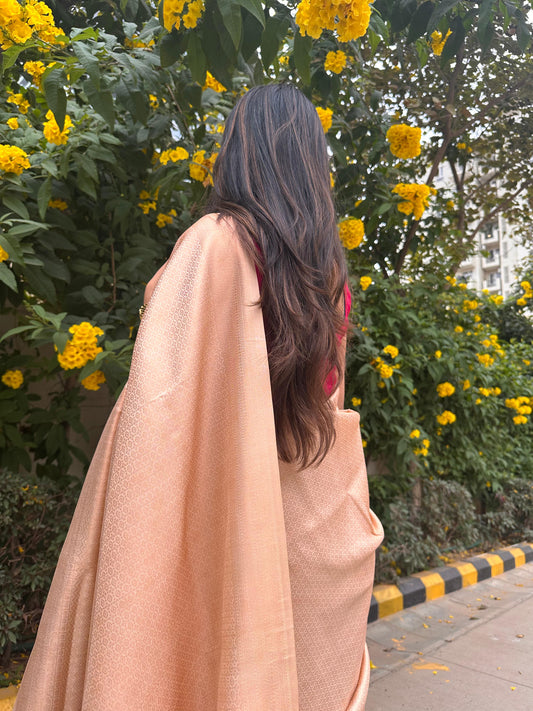 Bright cream saree with golden thread self work