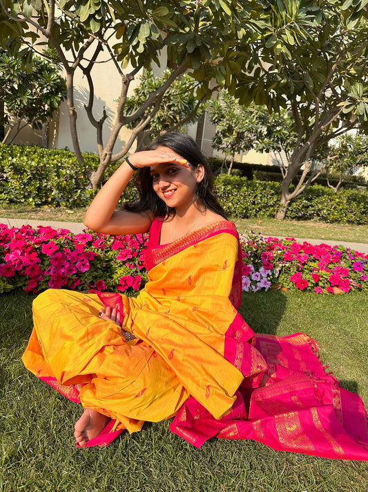 Kalyani pure cotton saree with zari border in Yellow and Pink