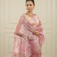 Blush pink organza saree with gottapatti, sequins and thread work and motifs