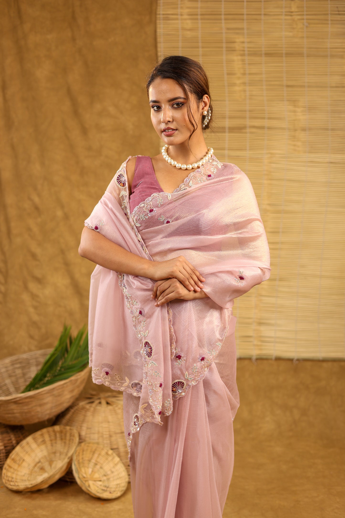 Tissue light pink saree with threadwork and matching blouse