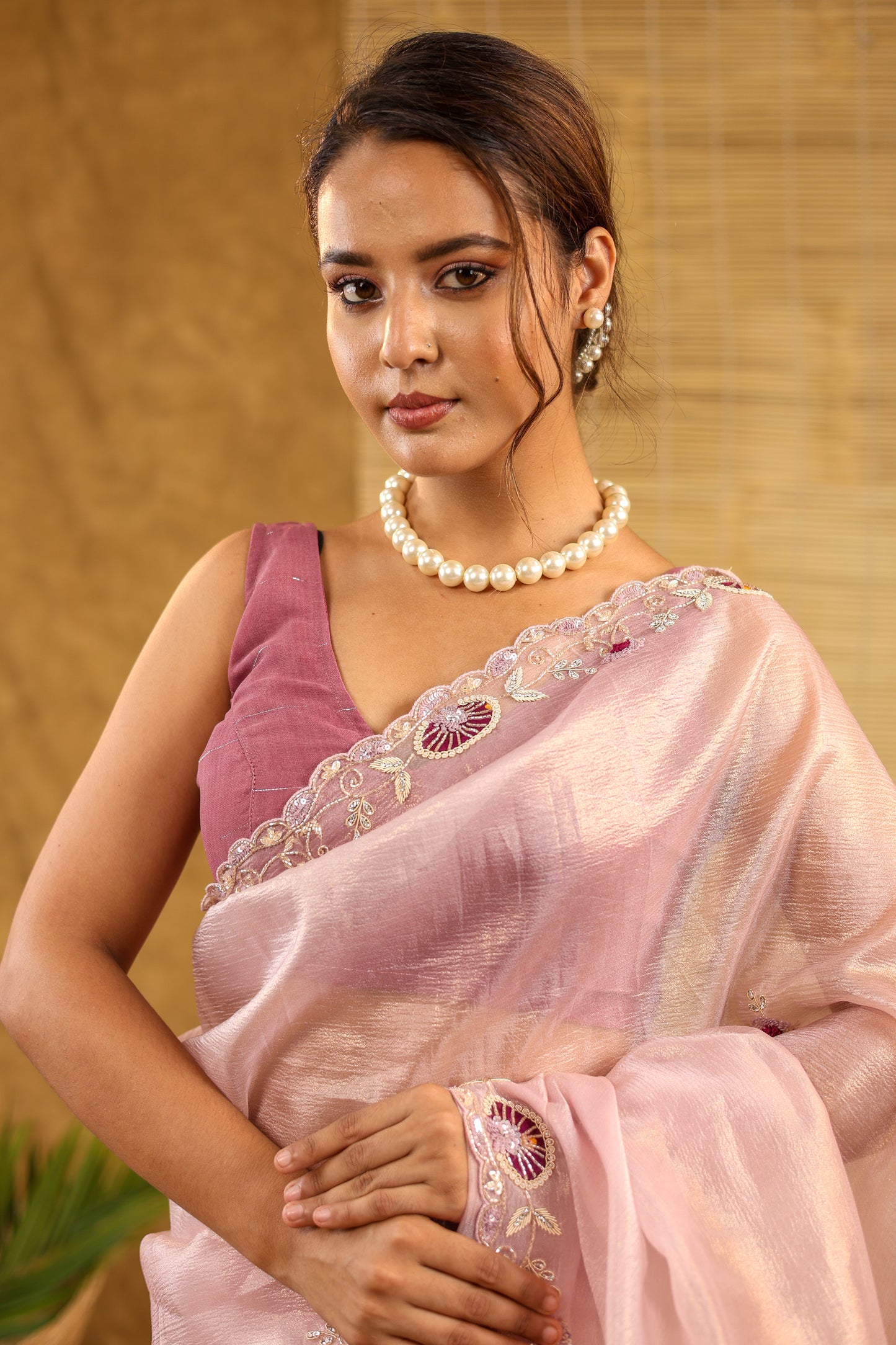Tissue light pink saree with threadwork and matching blouse