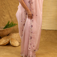 Tissue light pink saree with threadwork and matching blouse