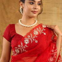 Organza with pittan work in bright red