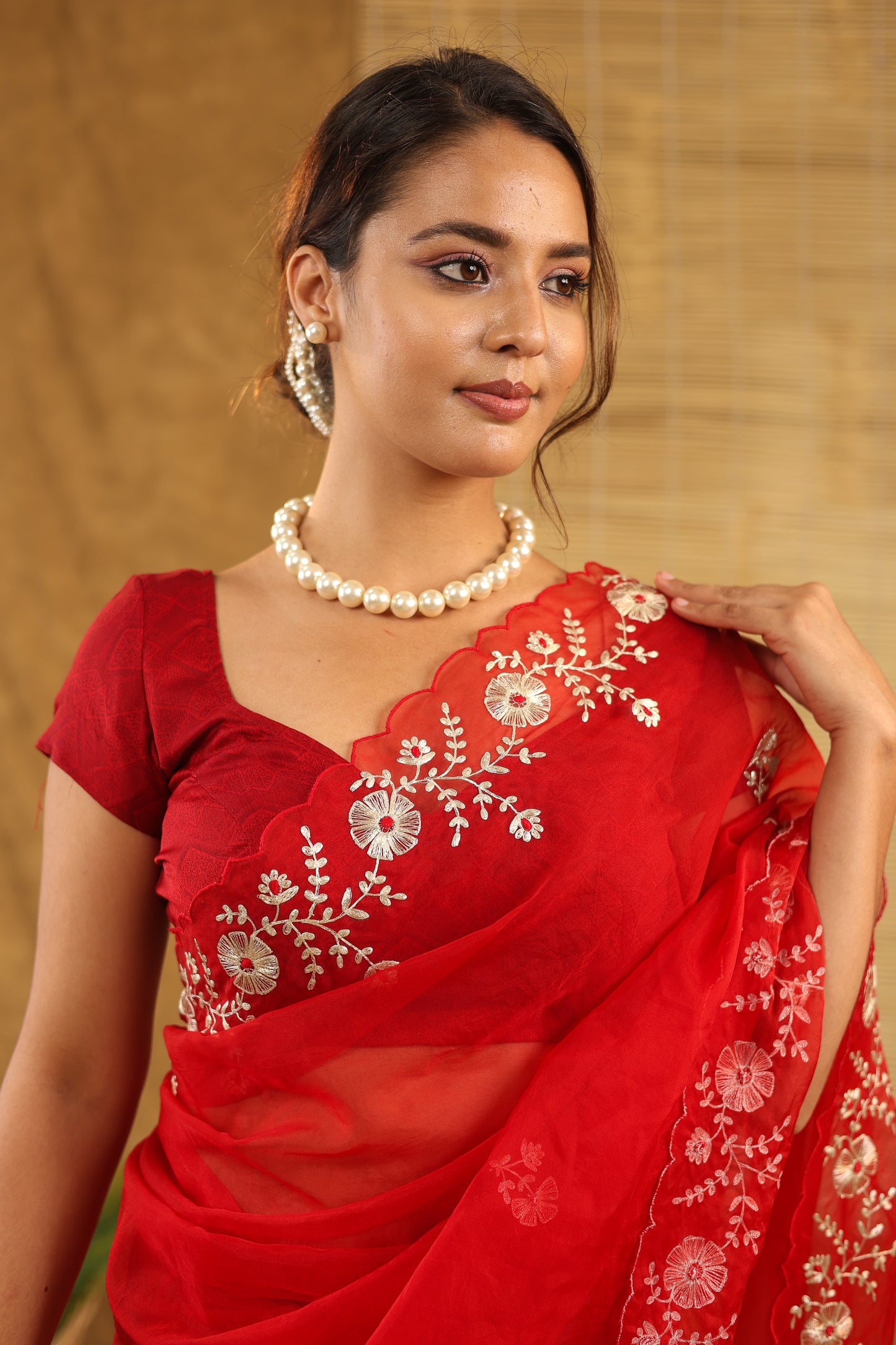 Organza with pittan work in bright red