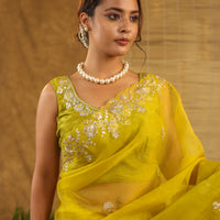 Organza with pittan work in shaded lime yellow