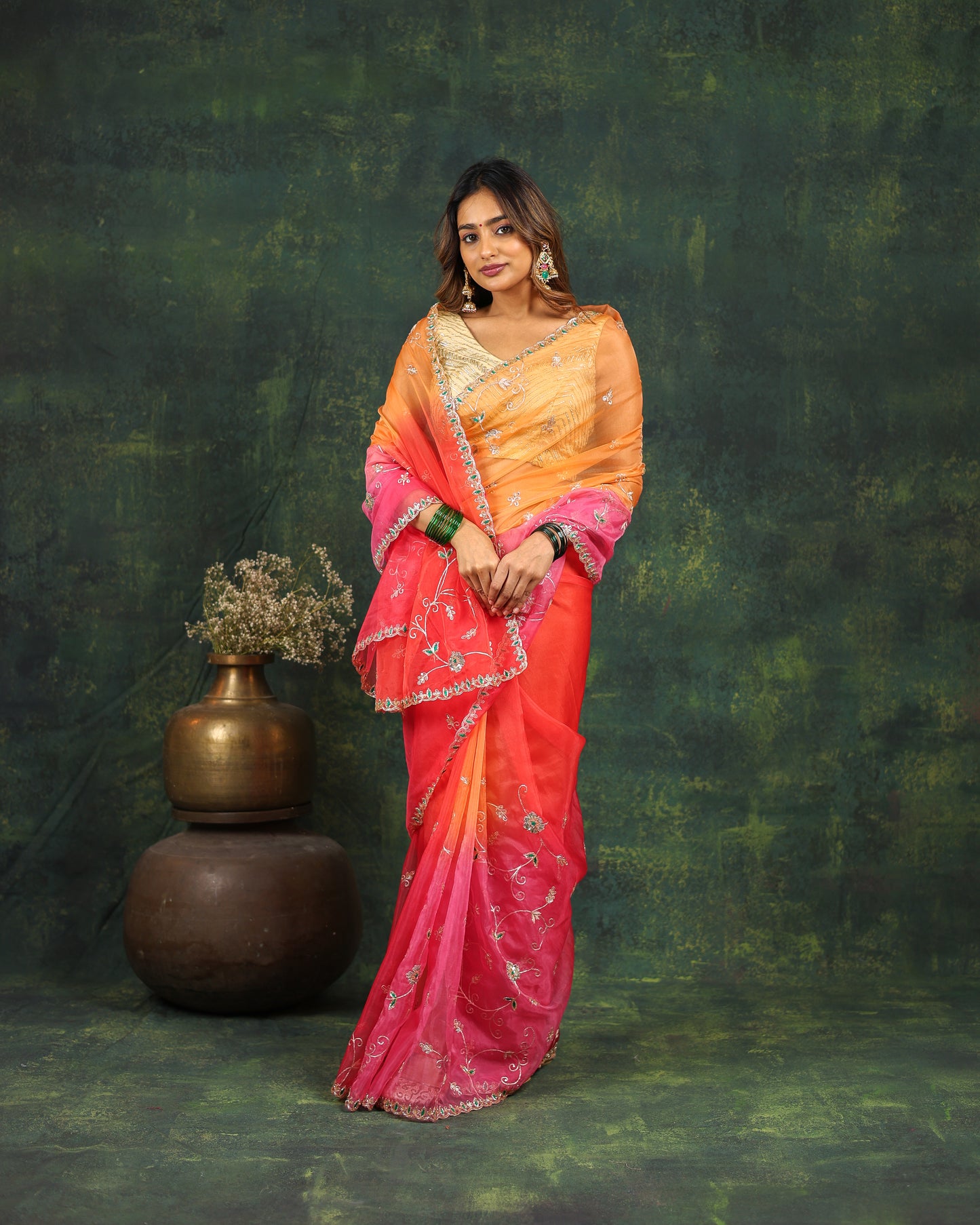 Shaded pink/red organza saree with sequins and zardosi threadwork