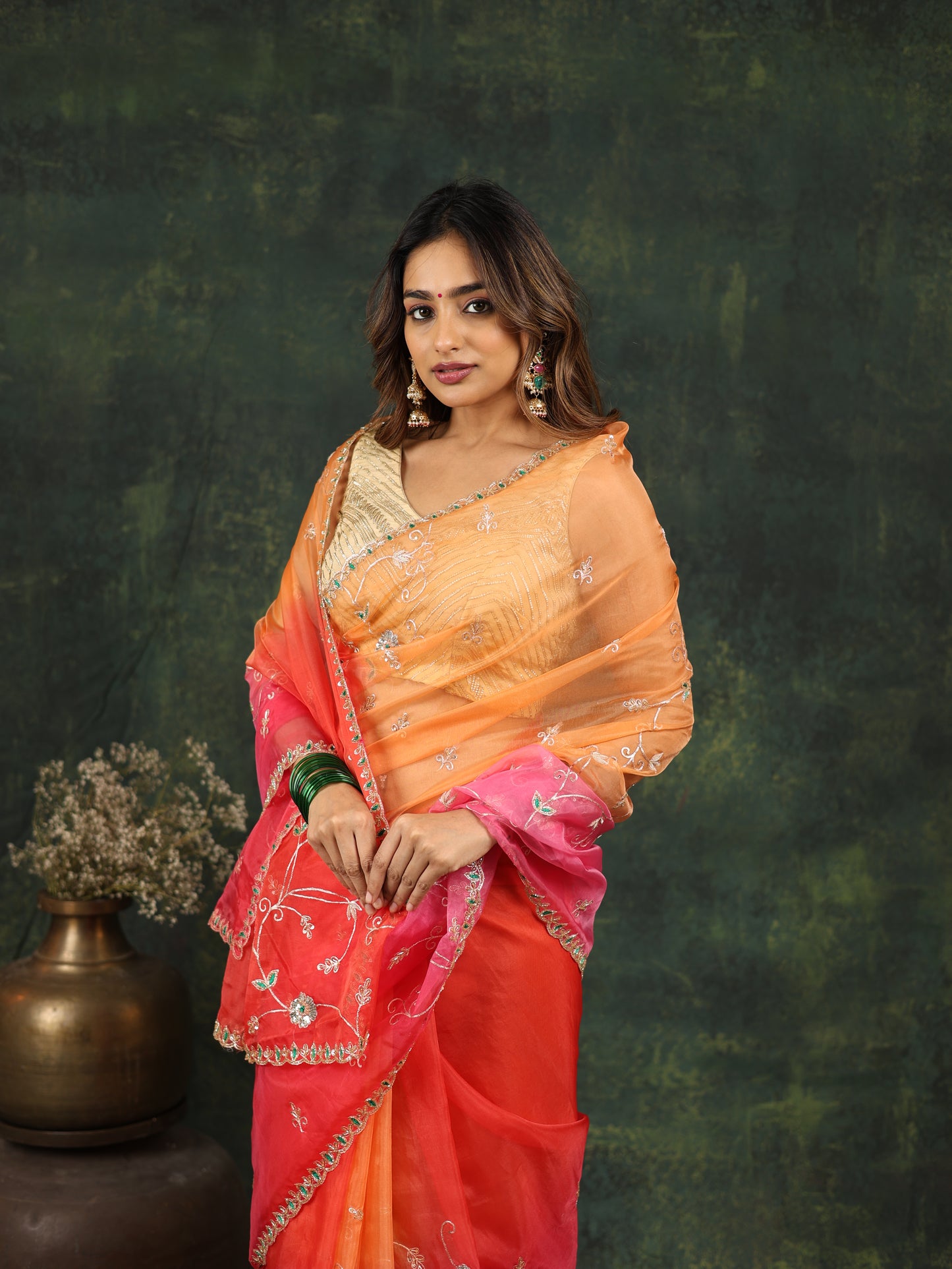 Shaded pink/red organza saree with sequins and zardosi threadwork