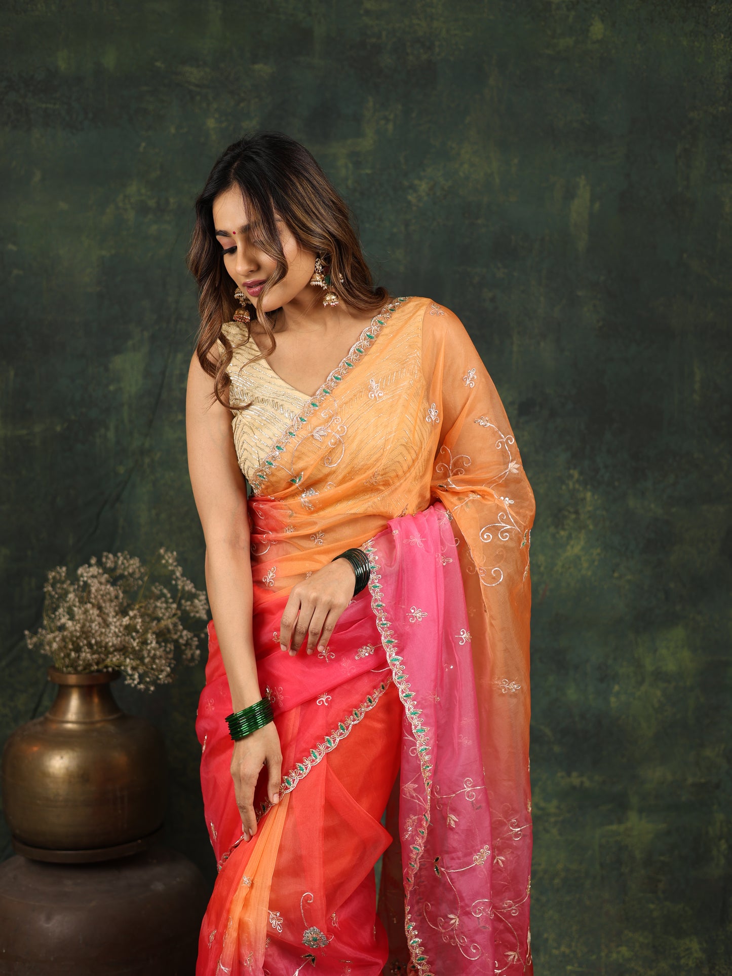 Shaded pink/red organza saree with sequins and zardosi threadwork