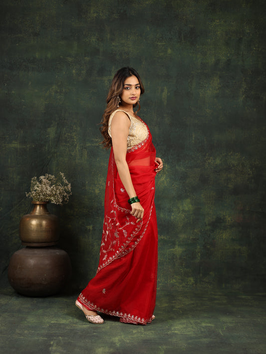 Red Organza Saree with Gotta and Ari tari work