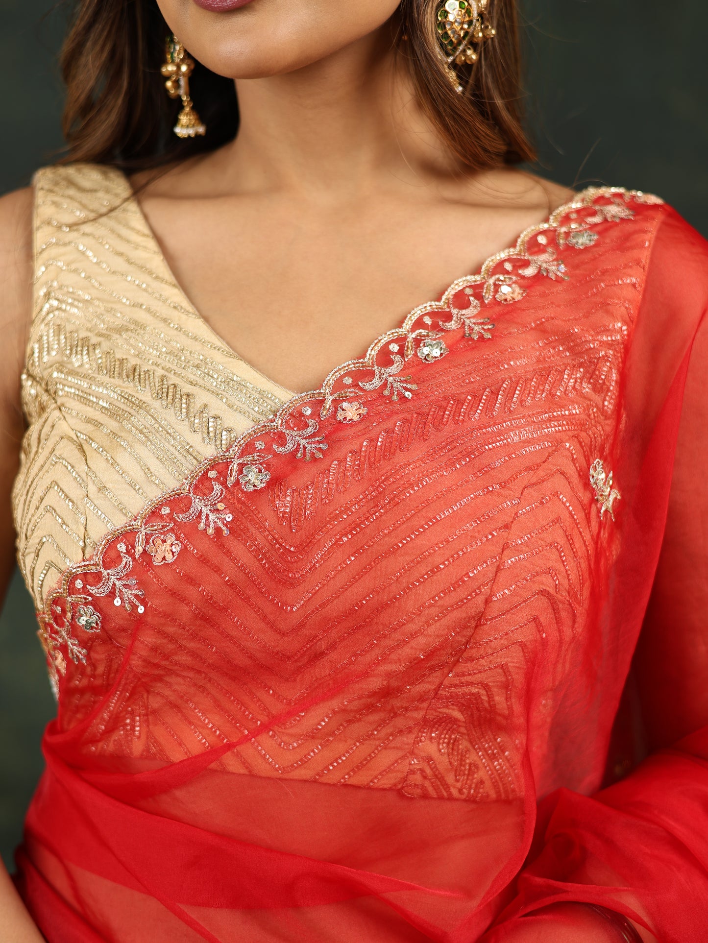 Red Organza Saree with Gotta and Ari tari work