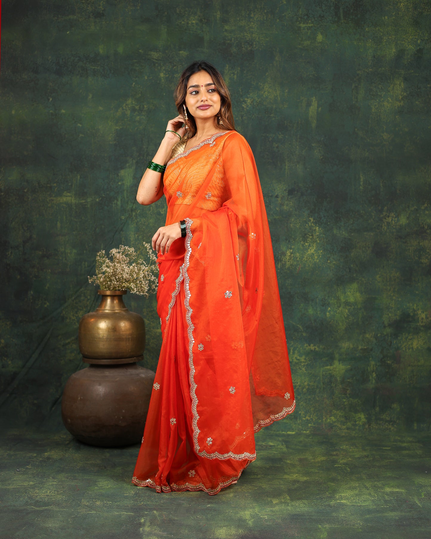 Orange Organza Saree with Gotta and Ari tari work