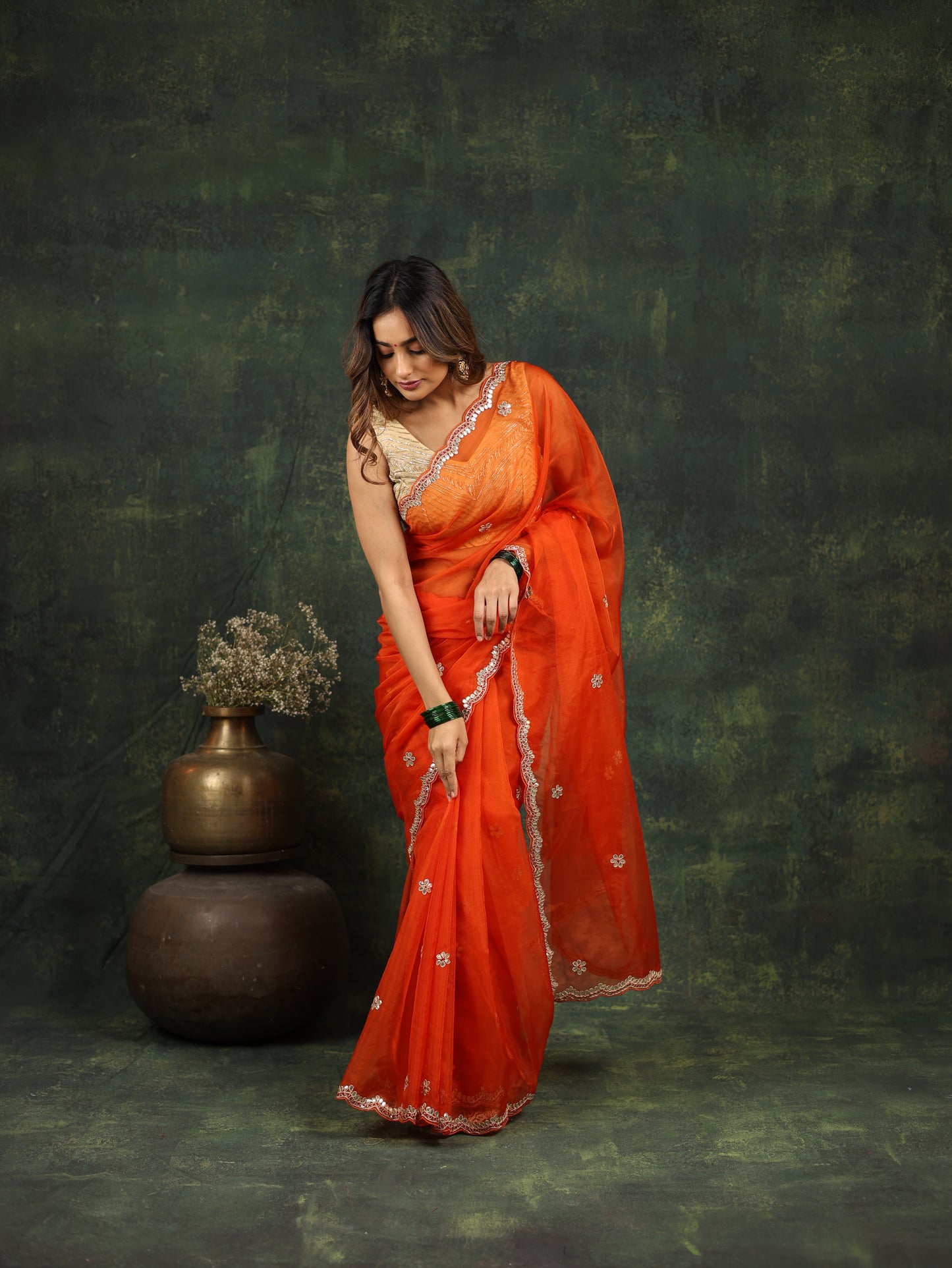 Orange Organza Saree with Gotta and Ari tari work