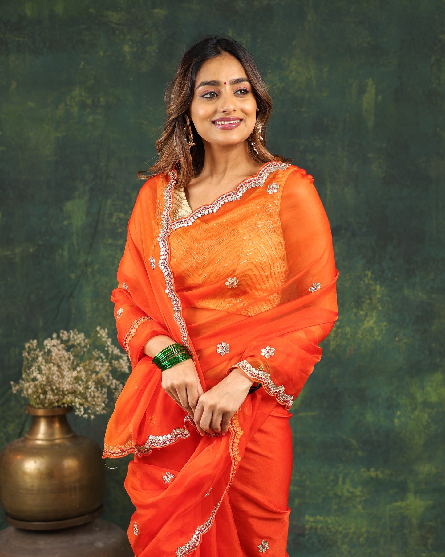 Orange Organza Saree with Gotta and Ari tari work