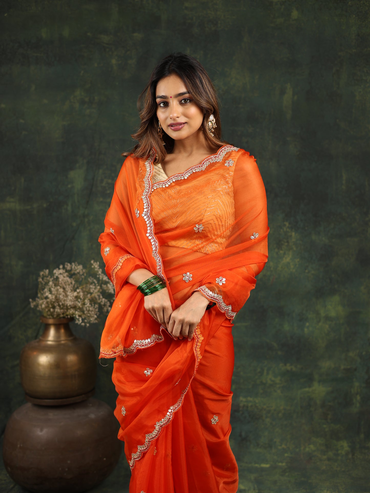 Orange Organza Saree with Gotta and Ari tari work