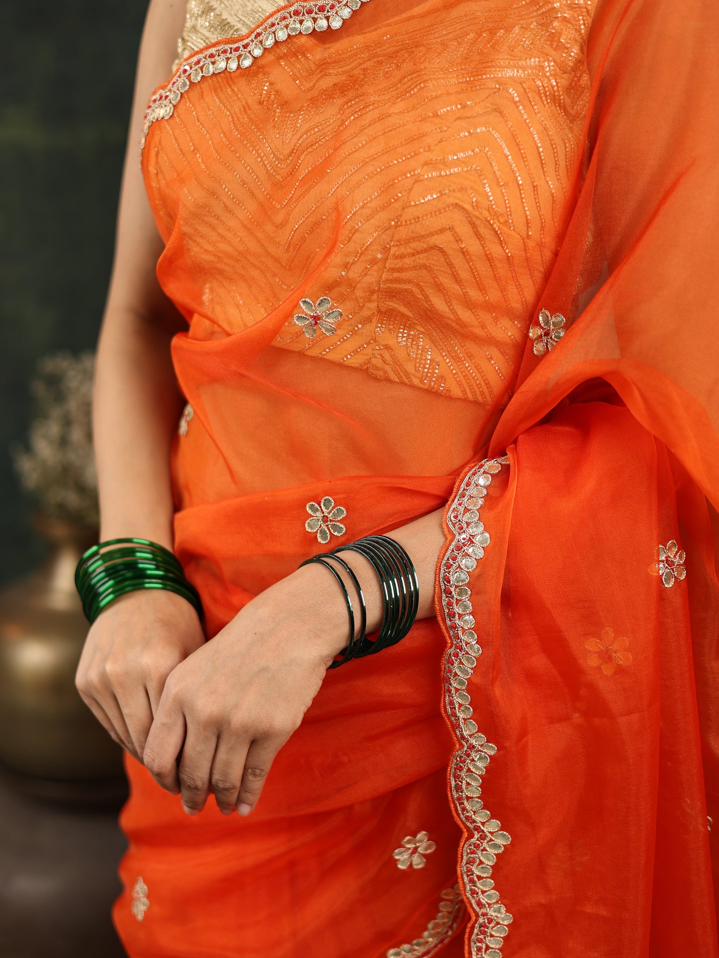 Orange Organza Saree with Gotta and Ari tari work
