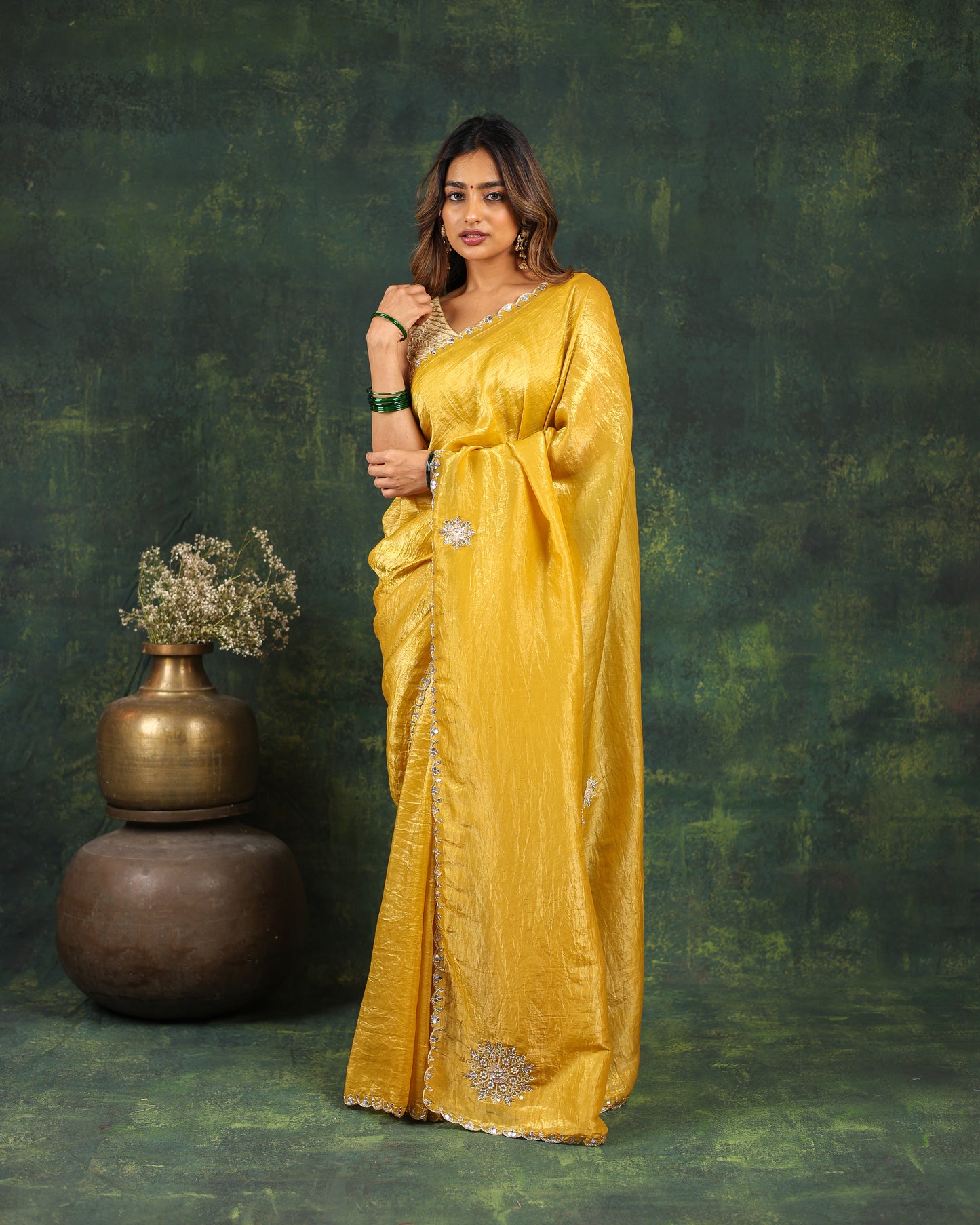 Yellow saree with Sequins and threadwork along with matching blouse