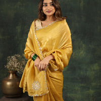 Yellow saree with Sequins and threadwork along with matching blouse