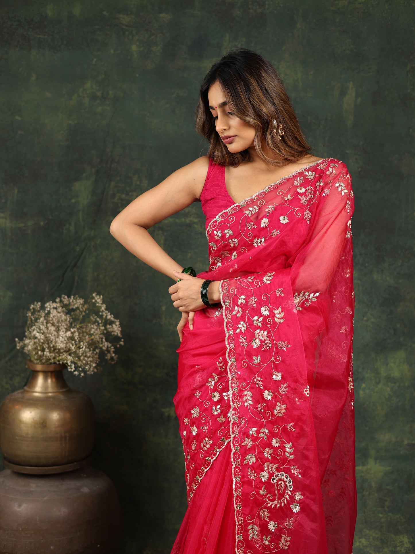 Pink Organza Saree with Gotta and Ari tari work