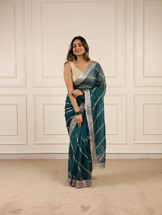 Turquoise Blue Organza with Pittan work