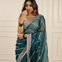 Turquoise Blue Organza with Pittan work