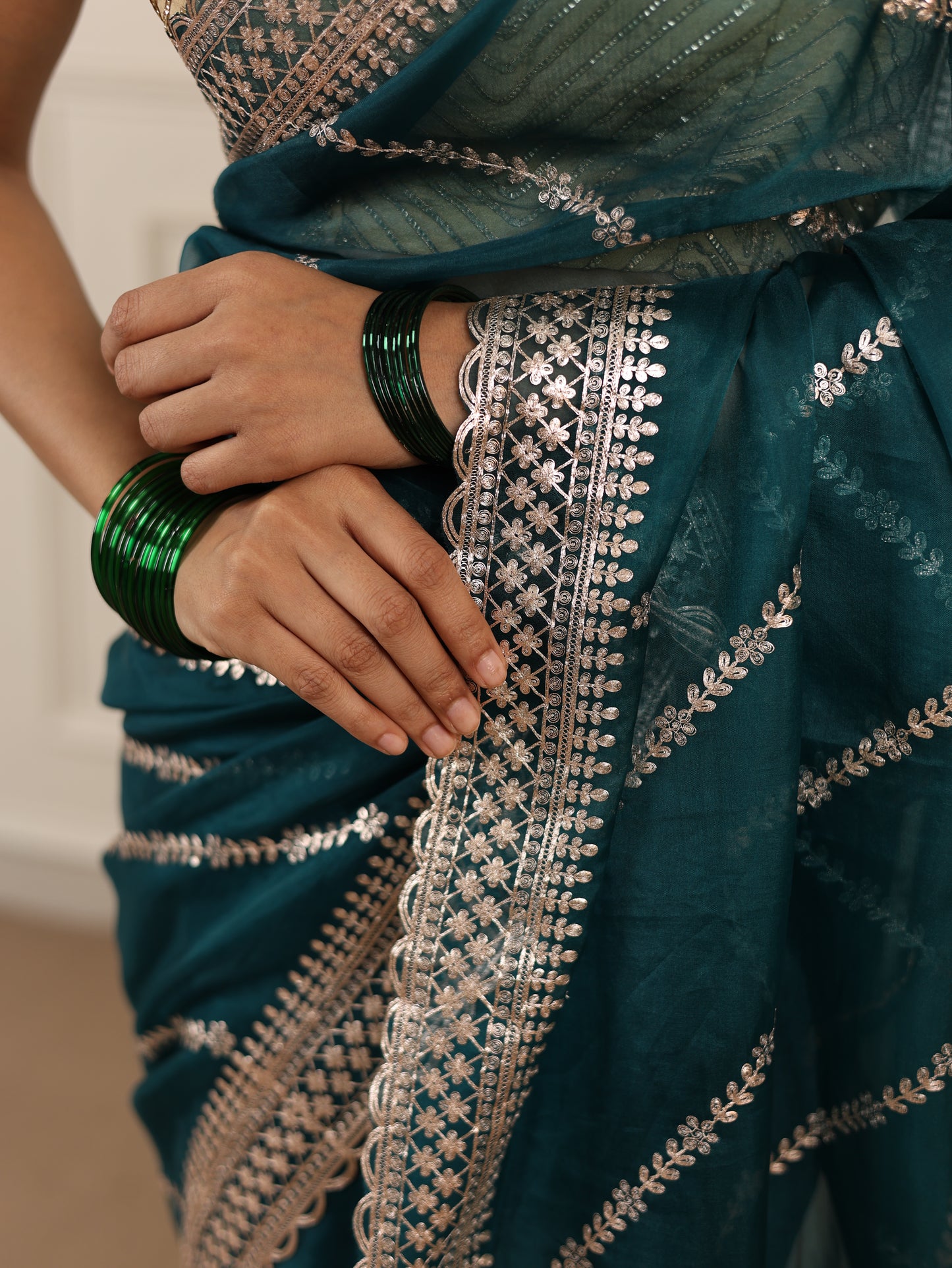 Turquoise Blue Organza with Pittan work