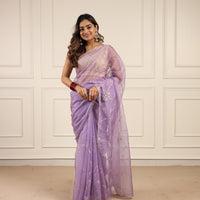 Lavender organza saree with sequins and zardosi threadwork