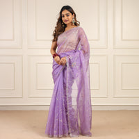 Lavender organza saree with sequins and zardosi threadwork
