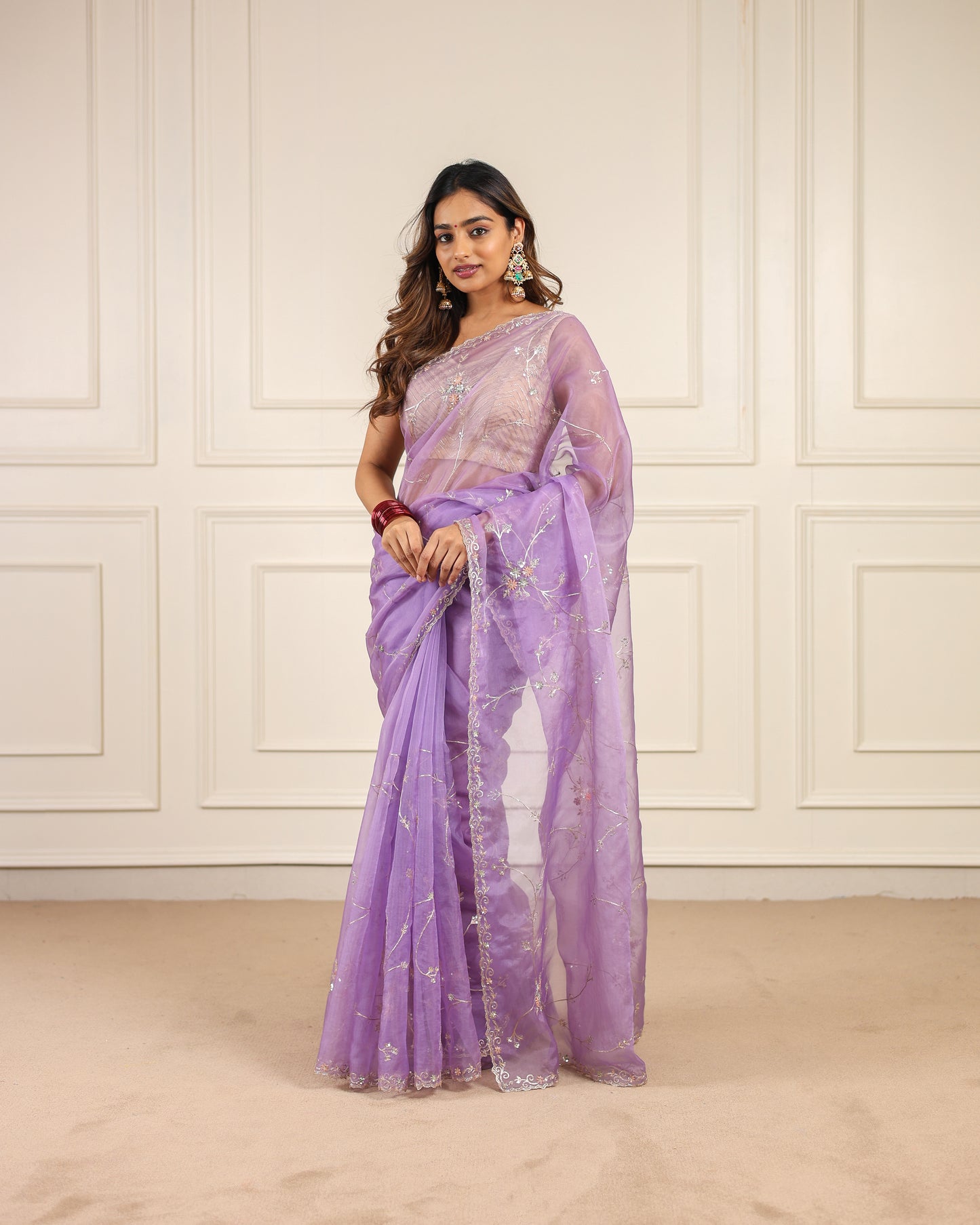 Lavender organza saree with sequins and zardosi threadwork
